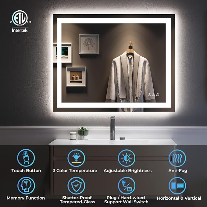 YEELAIT 40x32 Inch LED Bathroom Mirror