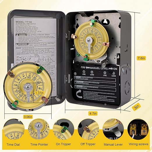 T104 Electromechanical Timer Switch, 208-277 VAC 5HP 40A DPST Pool Pump Timers