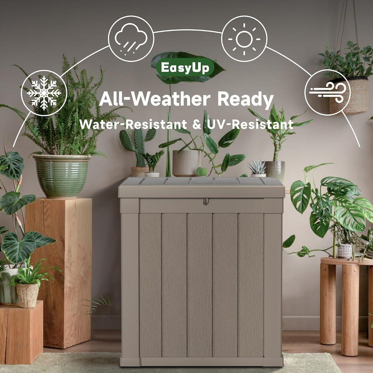 easyup 51 gallon outdoor storage box, outdoor deck, side view