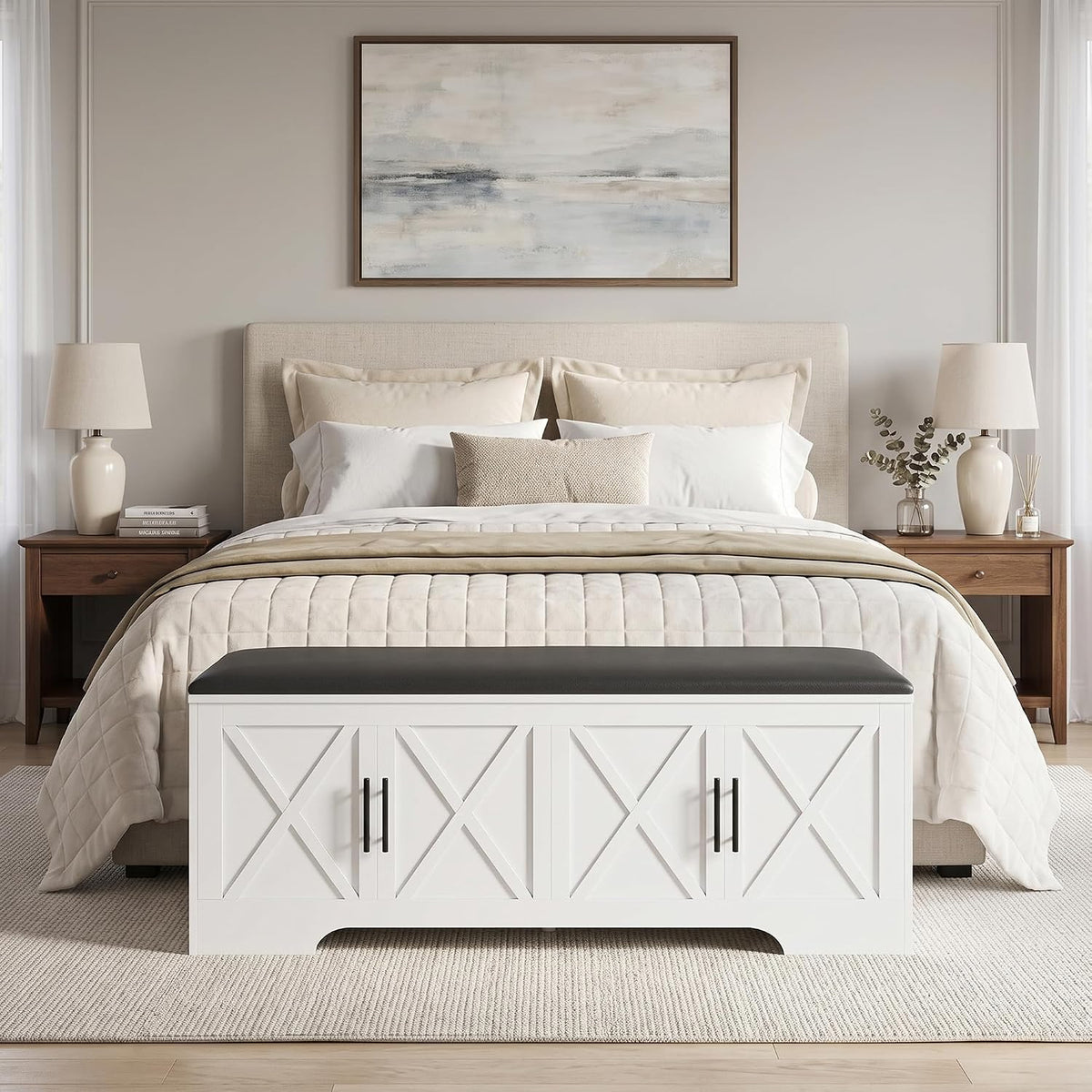 DreamDashio Storage Bench with Cushion, 47.2" End of Bed Storage Bench with Lift Top, Window Bench Seat with Storage for Bedroom, Mudroom, Entryway, Living Room & Hallway, White