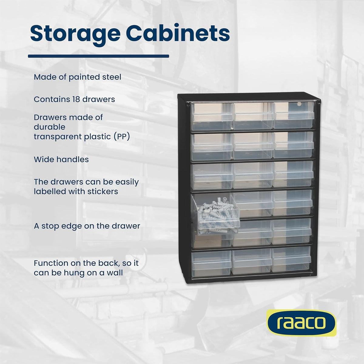 raaco steel storage cabinet, standard 18-drawer (c9-18), close-up detail