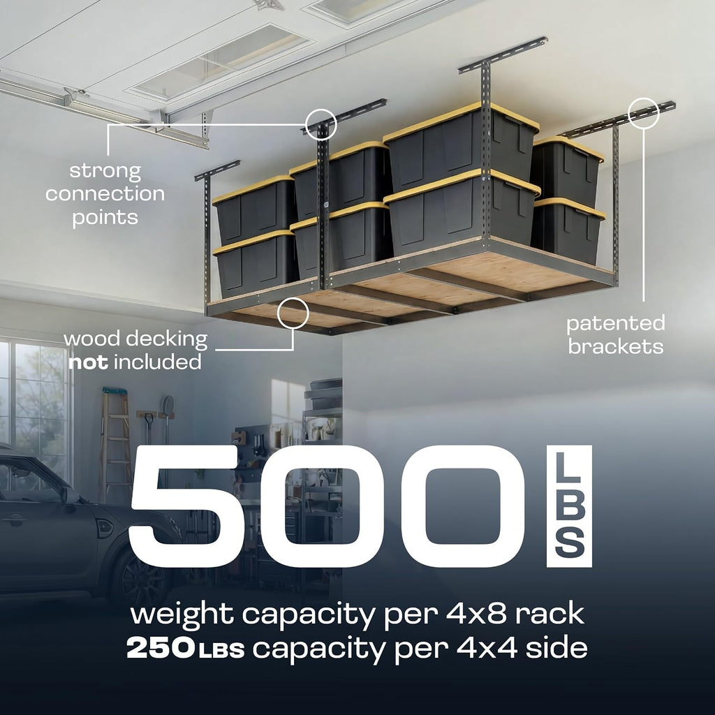 monsterrax 4x8 overhead storage rack frame kit, hammertone, side view