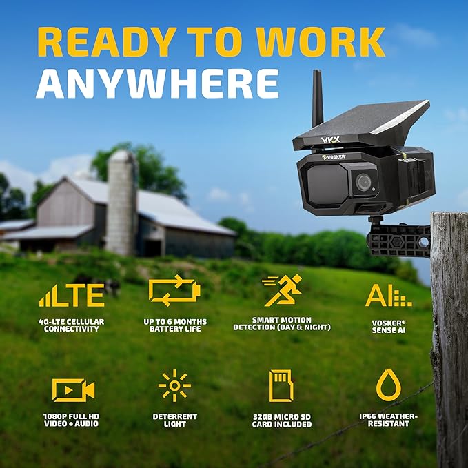 Vosker VKX Farmers Pack Solar 4G LTE Security Camera, Wireless Outdoor