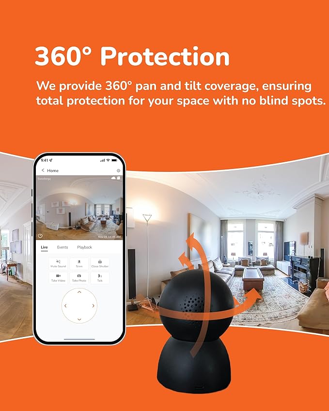 Sensforge 2.5K Black Indoor Pan-Tilt Dome Security Camera, AI Human & Pet