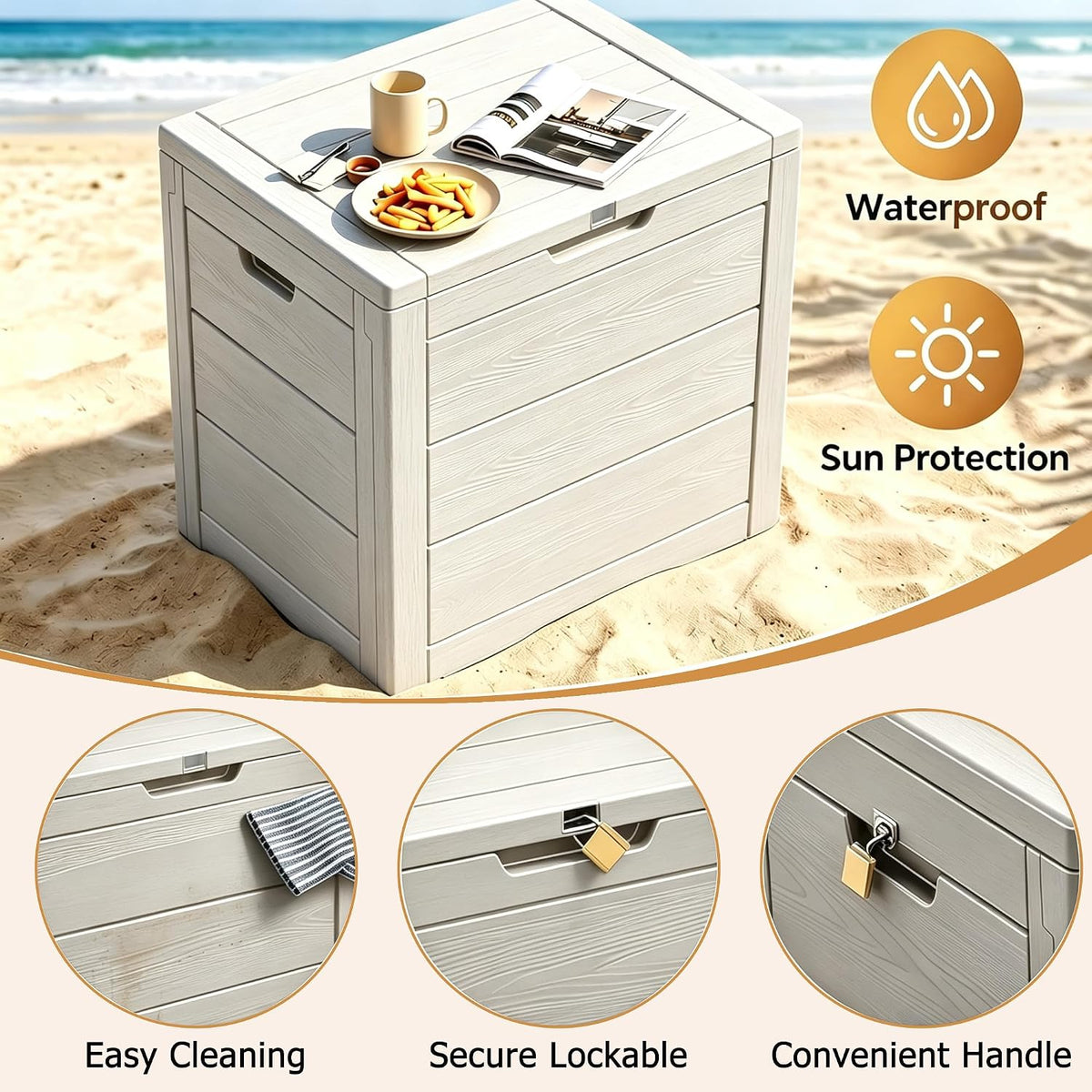 35 gallon deck box, waterproof outdoor storage box, side view