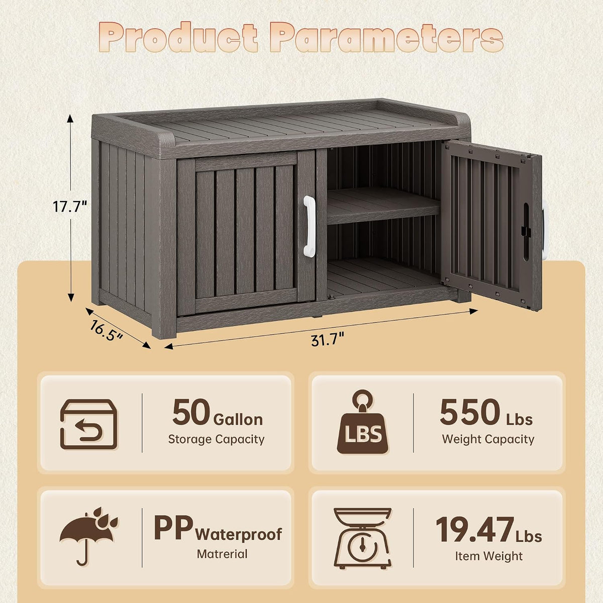 2-tier storage bench, waterproof uv-resistant outdoor shoe storage shown in use