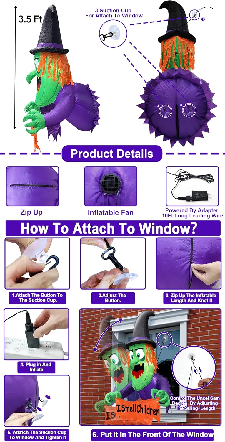 3.5 FT Halloween Inflatable Witch Broke Out from Window Blow Up