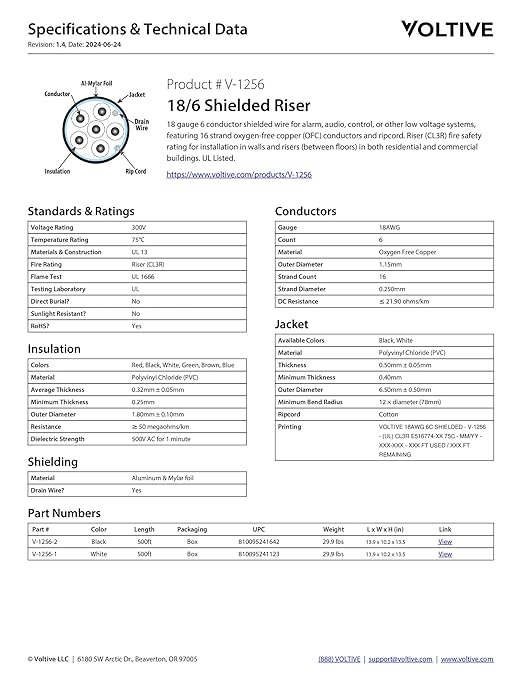 Voltive 18/6 Shielded Low Voltage Wire, Riser CL3R, 500ft
