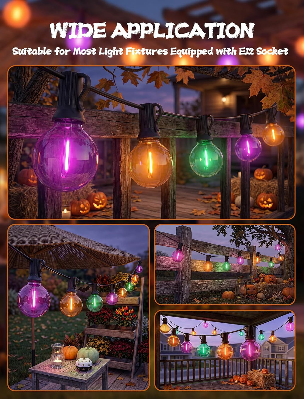 50FT Halloween String Lights with 25 G40 LED Orange Green Purple Bulbs