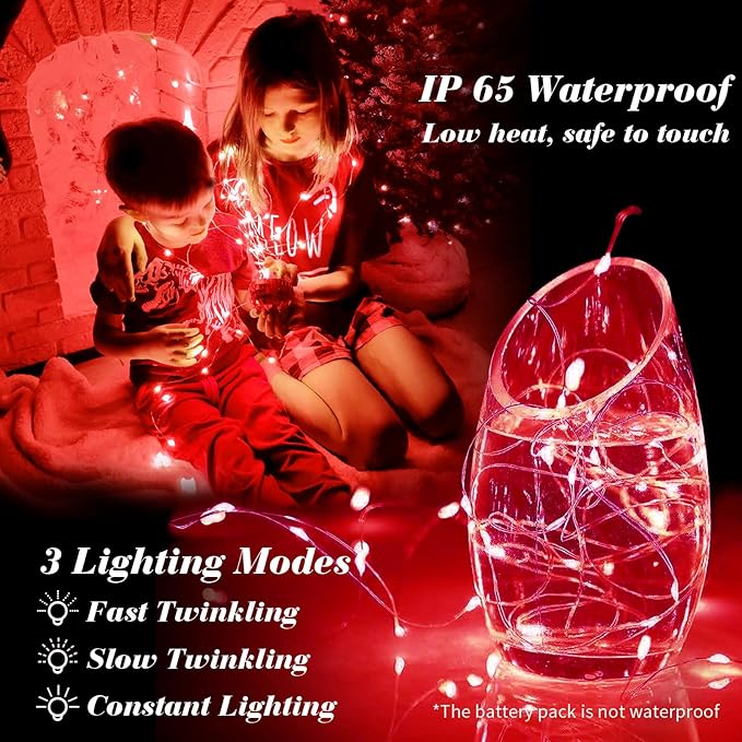 ZGWJ 100 Pack Fairy Lights Battery Operated, 7ft 20 Mini LED Fairy String Lights Silver Wire 3 Modes for DIY, Parties, Wedding, Bedroom, Halloween Christmas Decoration Red