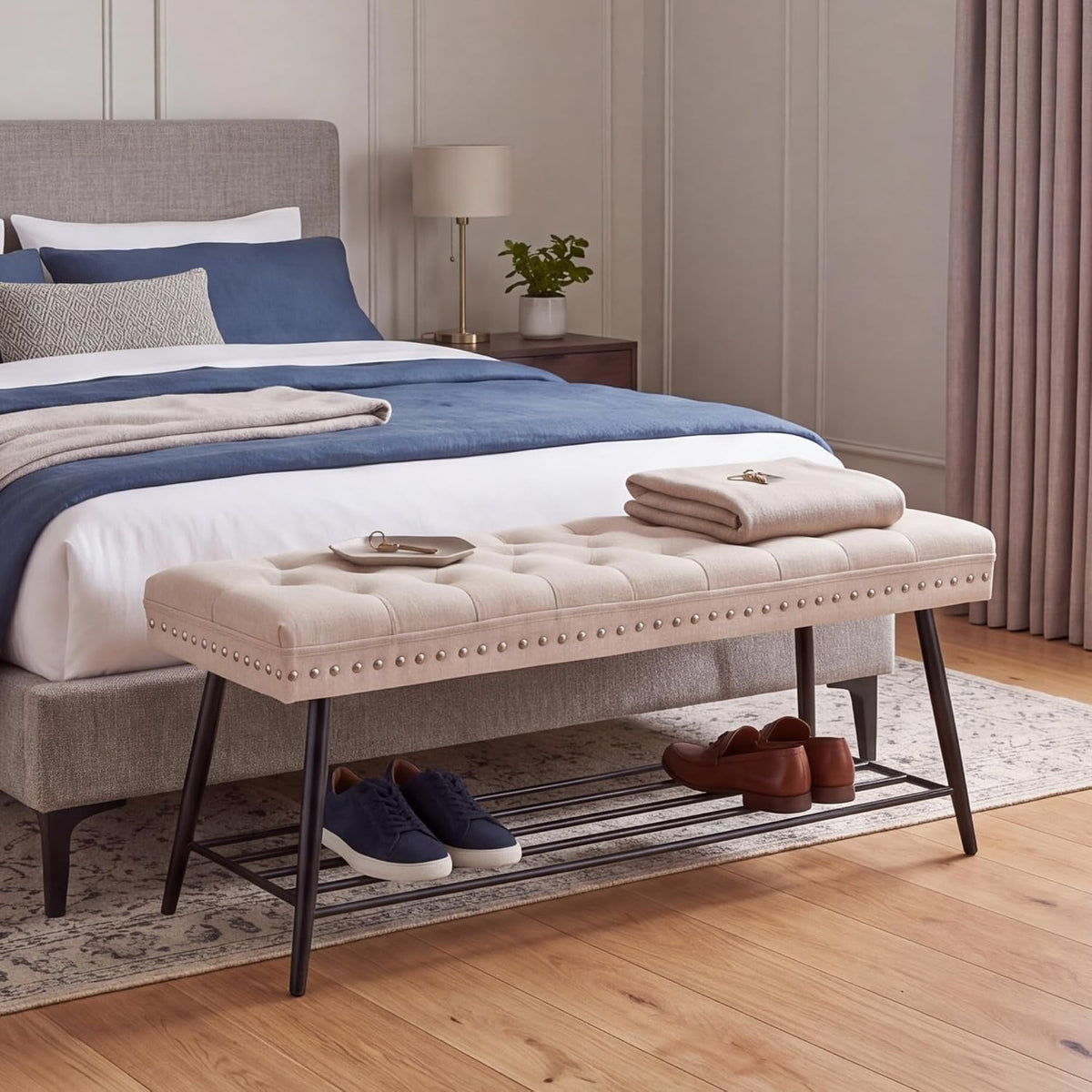 mistpople thick cushioned shoe bench, entryway bench with showing dimensions