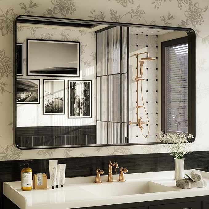 ISKM 48x30 Inch Black Metal Framed Bathroom Mirror