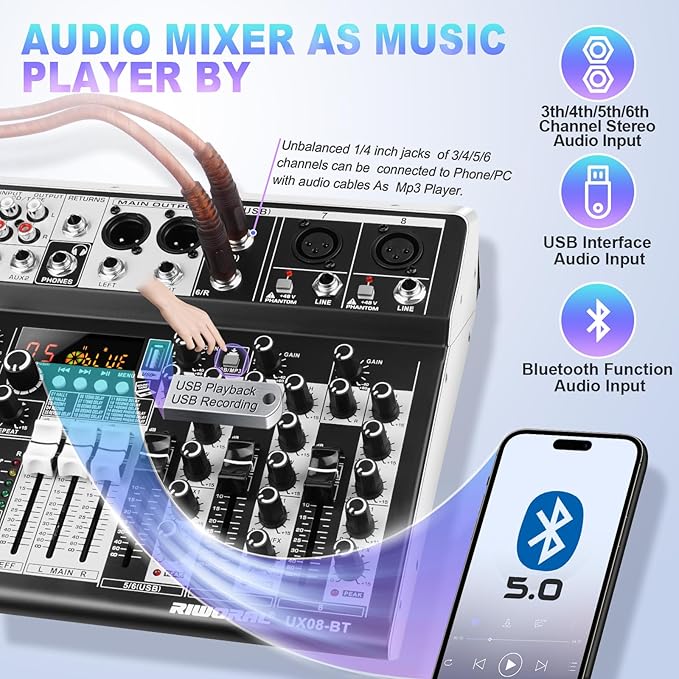 8 Channel Audio Mixer DJ Mixer Sound Board Console 16 Dsp USB Audio Interface