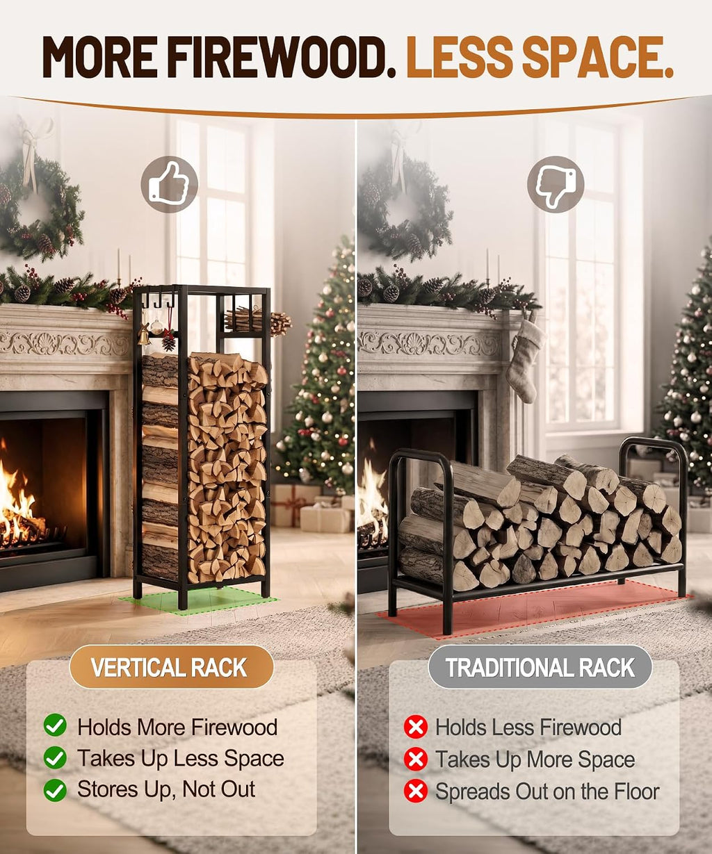 48.8in firewood rack indoor outdoor with hooks – shown in use