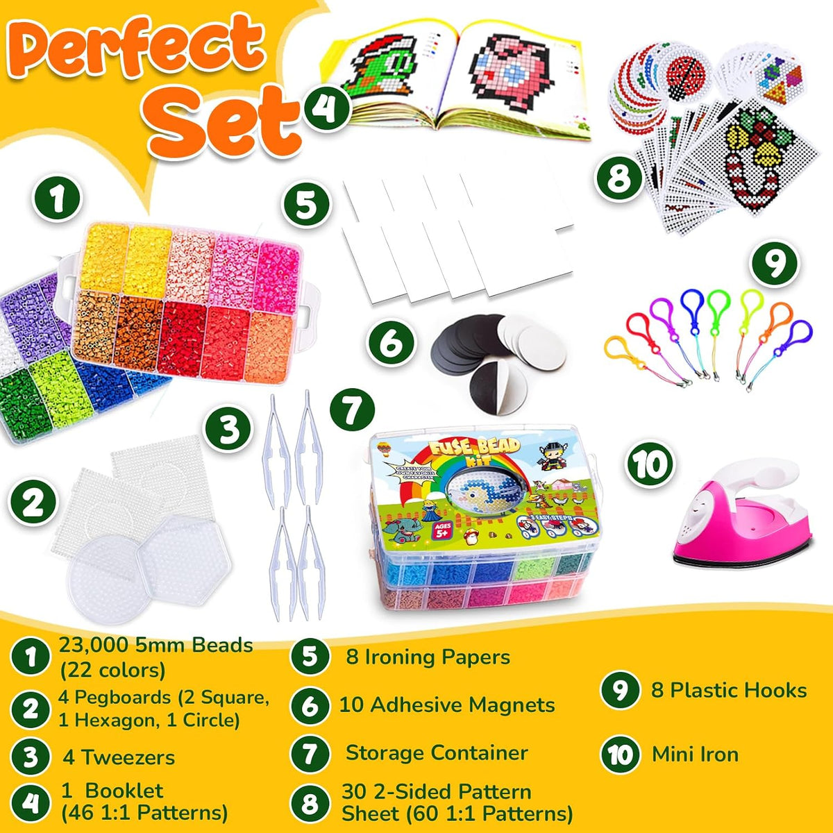 Goody King 23000pcs 5mm Fuse Beads Kit with Iron, 22 Colors 106 Patterns
