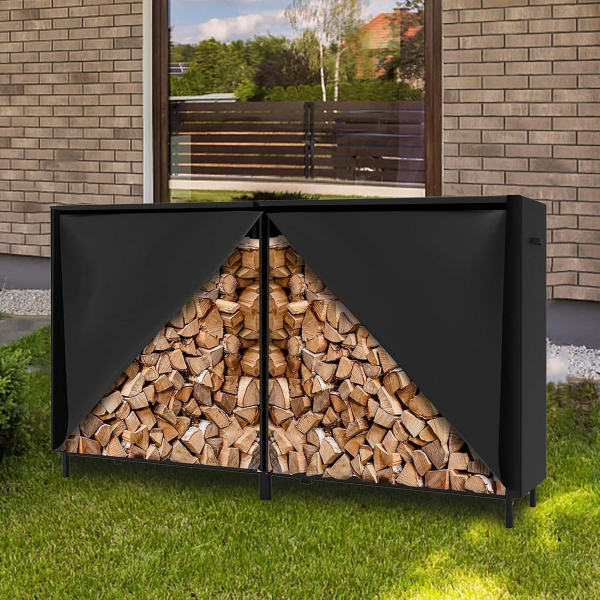8ft firewood rack cover with zipper & adhesive on a desk or shelf