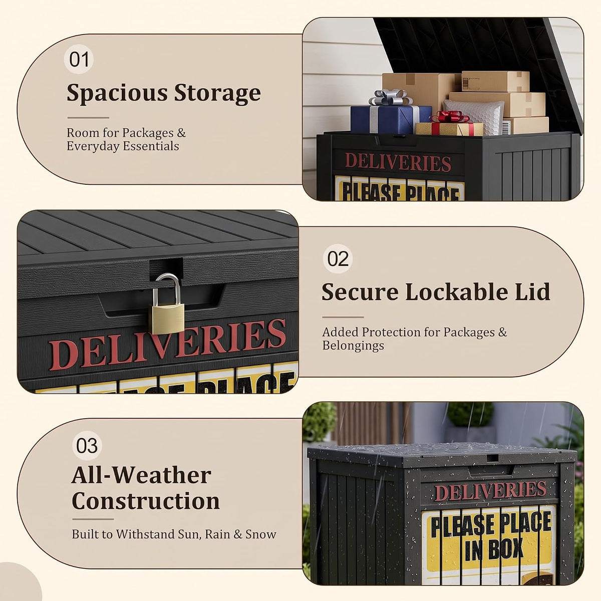 package delivery boxes for outside, deck storage box, side view