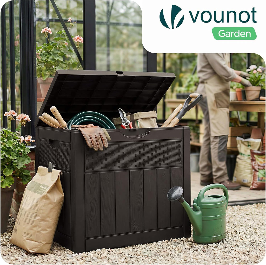 vounot® 126l outdoor storage box with lid, lockable shown in use