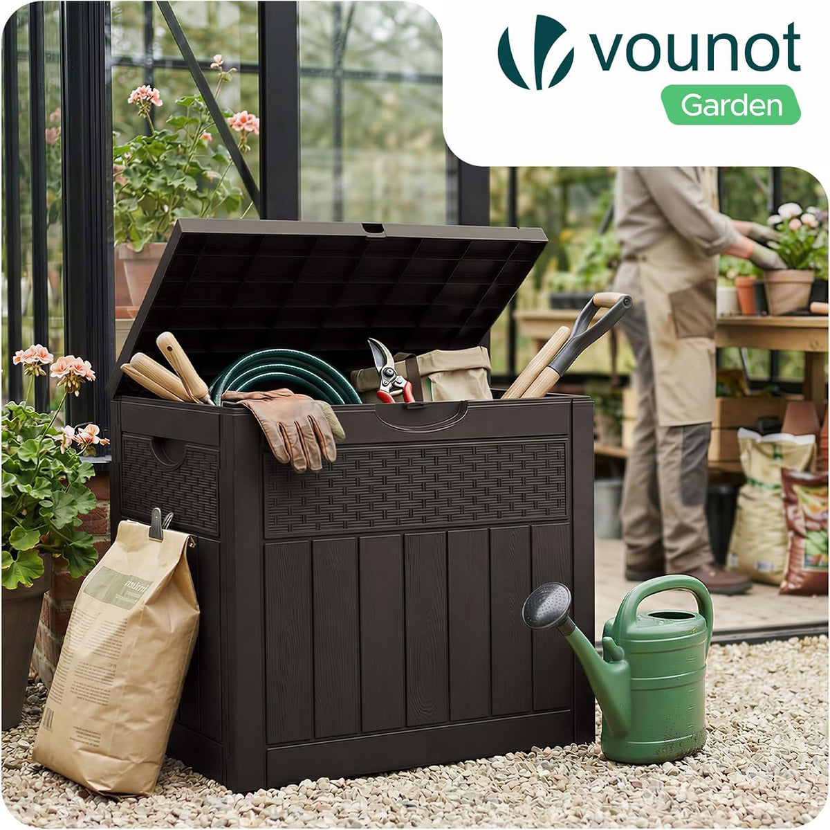 vounot® 126l outdoor storage box with lid, lockable shown in use