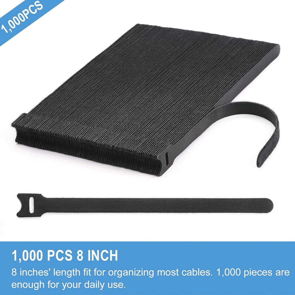 1,000 PCS 8 Inches Reusable Cable Ties | Adjustable Cord Wraps, Cable Straps | Hook & Loop Cord Organizer, Cable Management (100 PCS x 10 Packs) (1000 PCS)