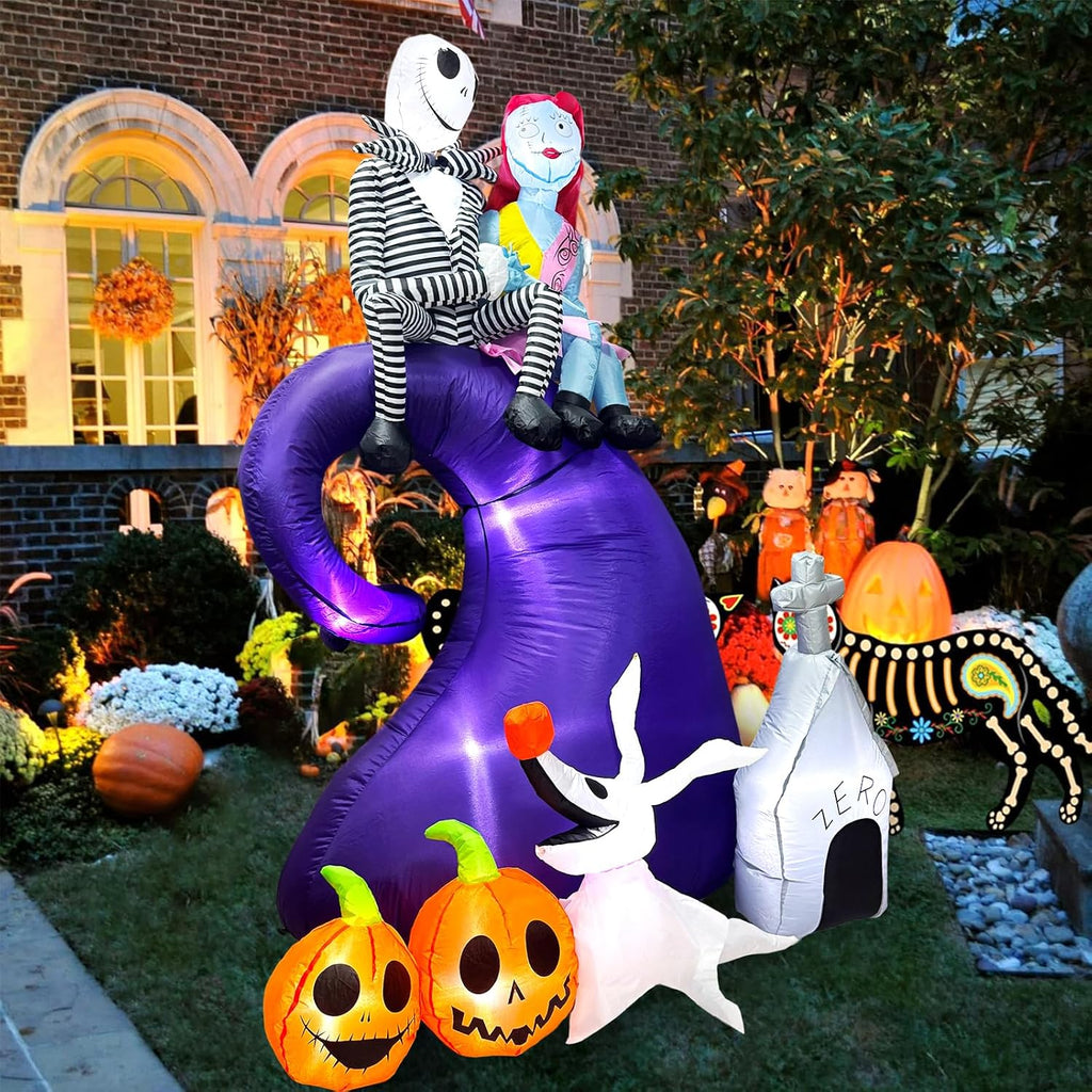 6 FT Halloween Inflatables Outdoor Decoration, Blow Up Yard Decorations with Spooky Skeleton Couple with Ghost Pumpkin and Dog, Built-in LED for Outdoor Inflatable Decor Garden, and Lawn