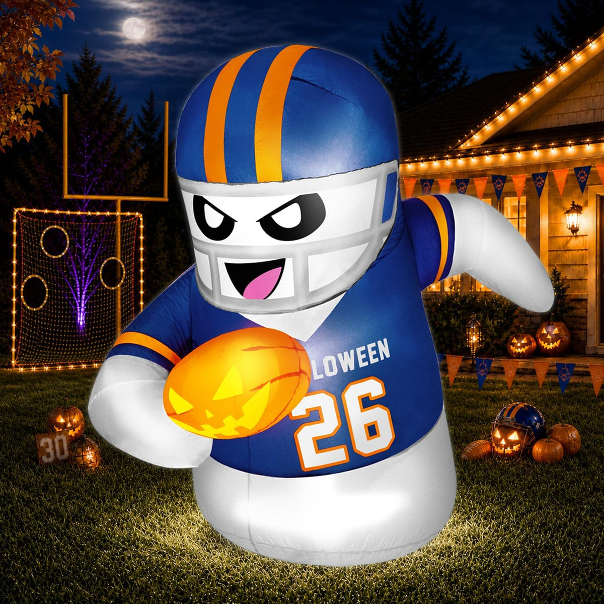 5FT Halloween Inflatables Decorations Outdoor Football Player Ghost Built-in Full-Body Bright LEDs Cute Halloween Blow Up Yard Decoration with Pumpkin Sports-Themed Blowups Lawn for Party