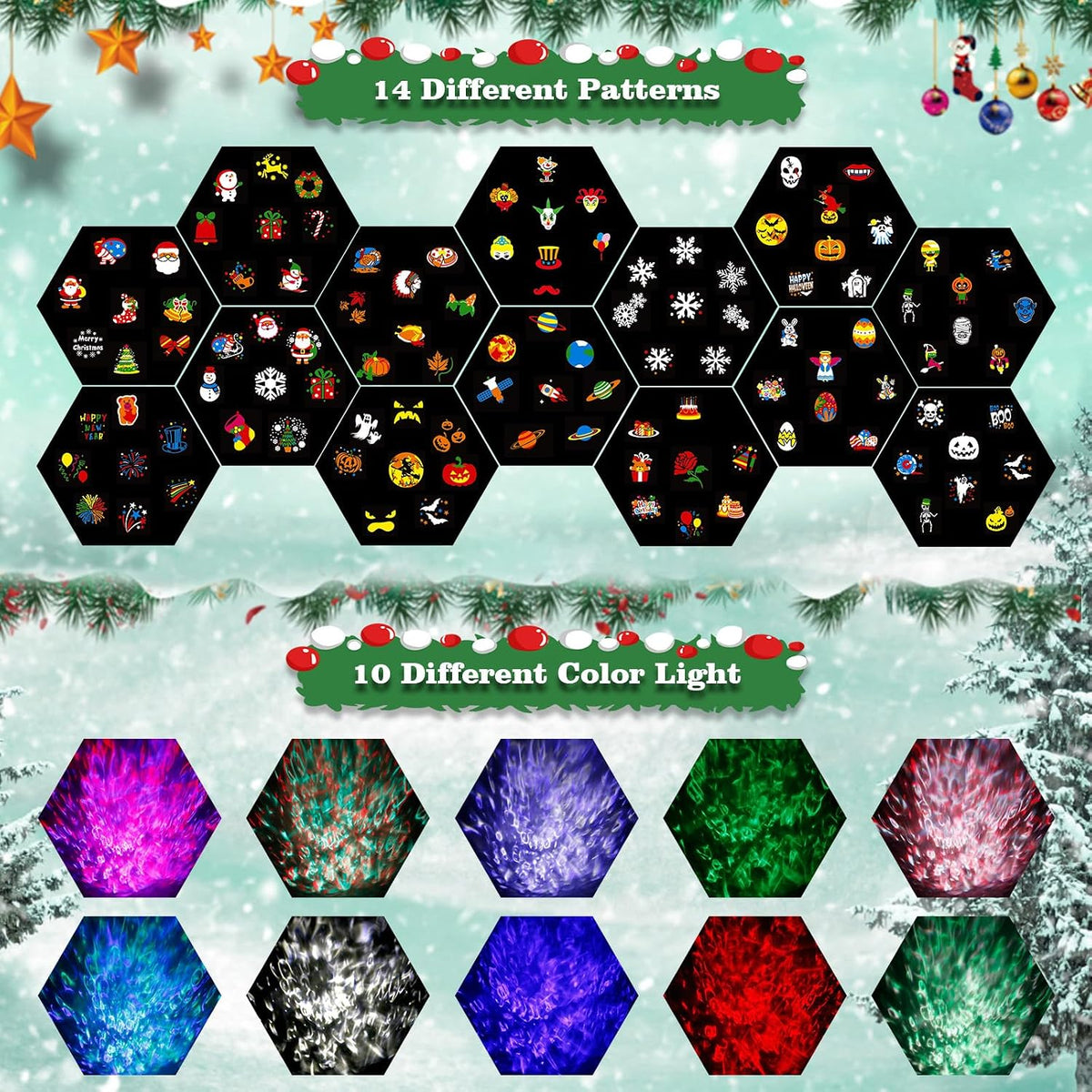 Brighter Halloween Christmas Outdoor Projector Lights with 14 HD (3D Ocean Wave+Patterns) Replaceable Slides, Waterproof for Indoor Outdoor Xmas Theme Party Yard Garden Decoration