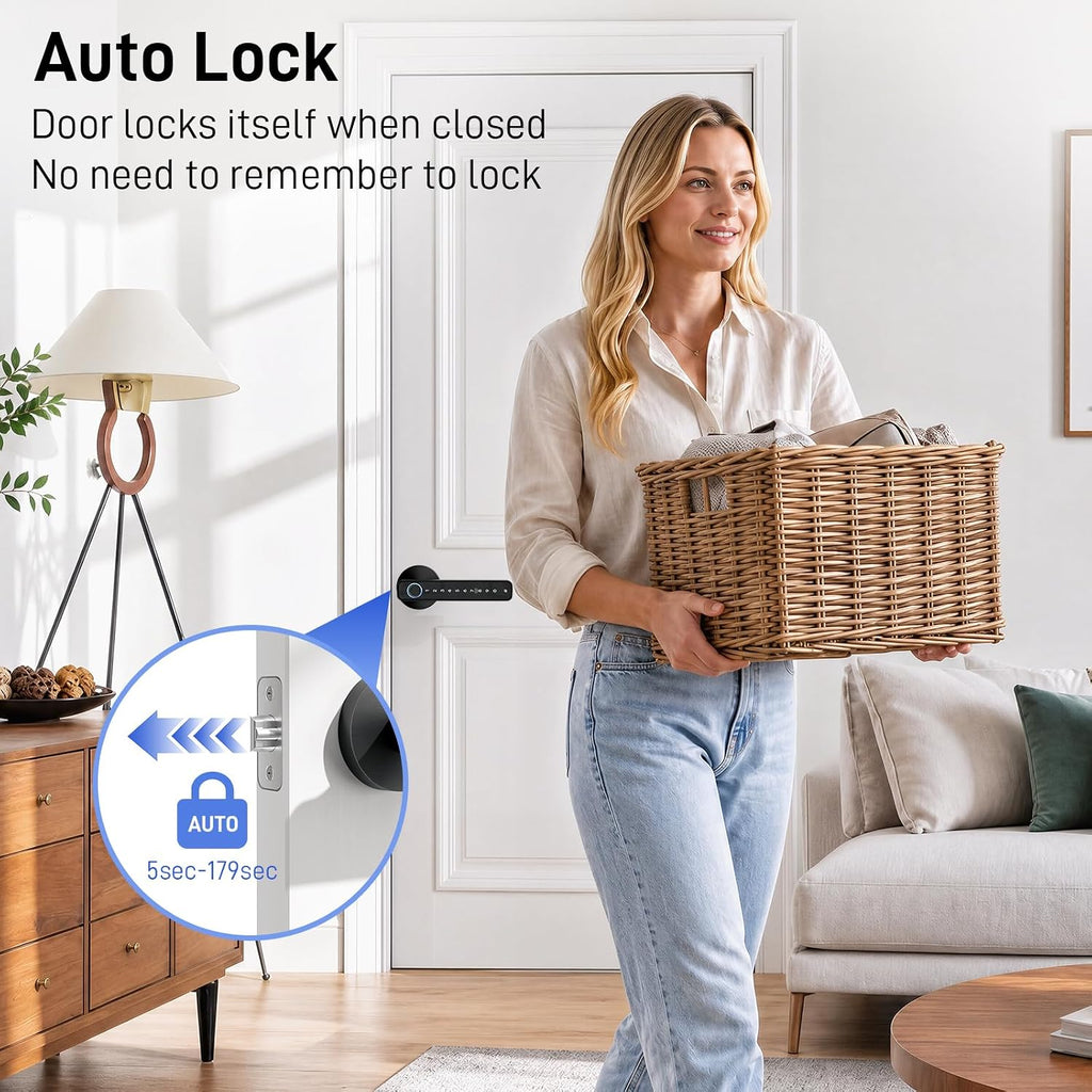Smart Fingerprint Door Lock with Keypad, Keyless Entry Door Knob with Handle, Biometric Door Lock for Bedroom/Front Door/Apartment, APP Remote Control Black