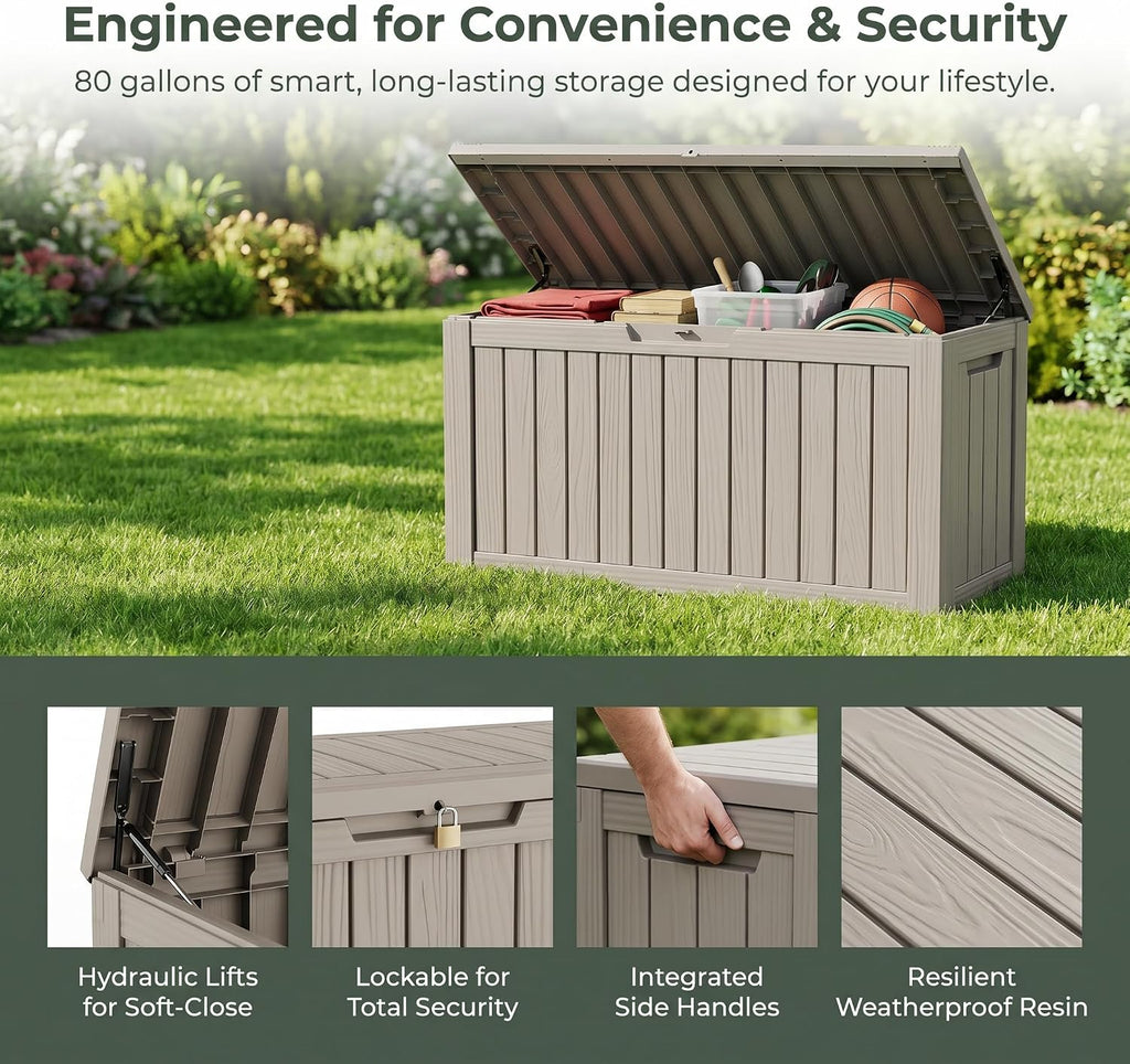 80 gallon deck box, waterproof resin outdoor storage, side view