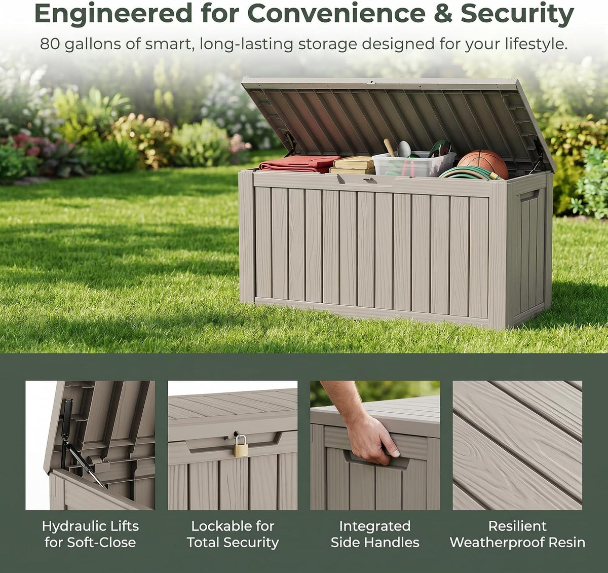 80 gallon deck box, waterproof resin outdoor storage, side view