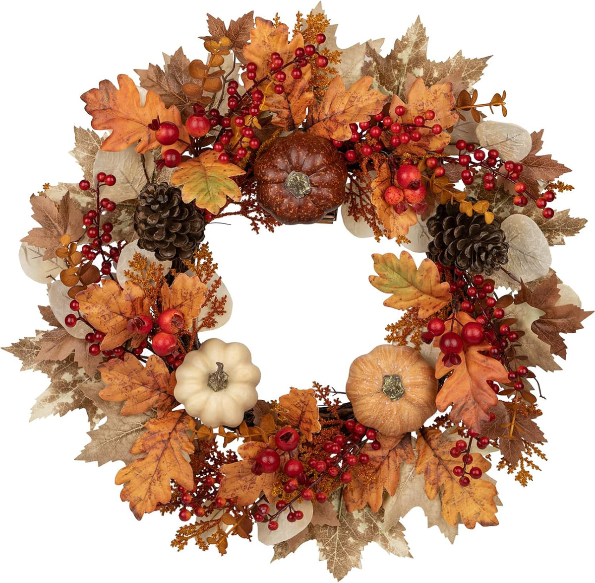 22" Artificial Fall Wreath for Front Door Autumn Harvest Wreath with Pumpkin Oak Maple Leaf Pine Cones Eucalyptus Berry for Halloween Thanksgiving Day Indoor Outdoor Farmhouse Window Wall Décor