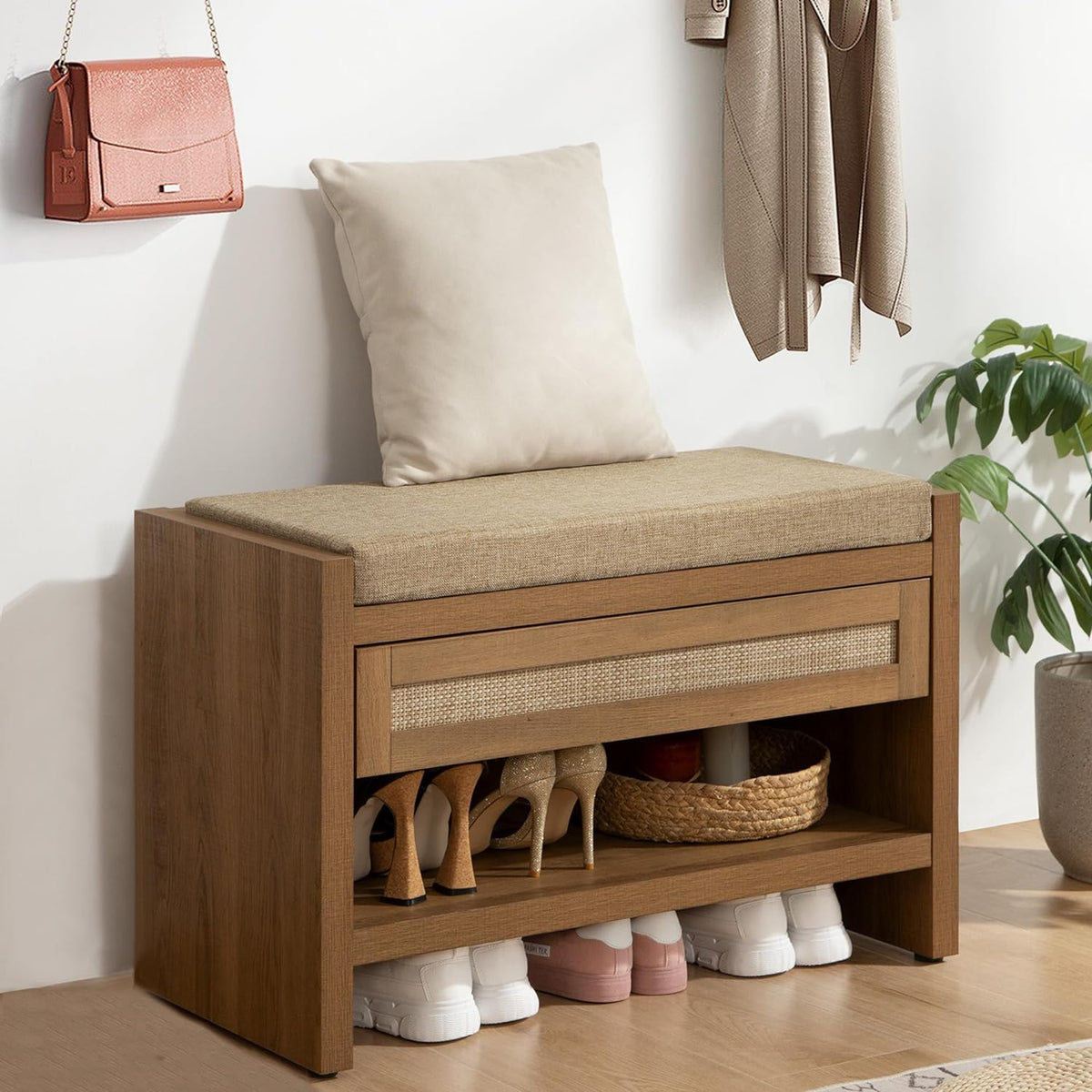 SICOTAS Rattan Shoe Bench Entryway Bench with Storage Drawer, Linen Cushion