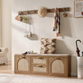 Rattan Narrow Entryway Bench with Shoe Storage, 4 Drawers & Coat Rack, Mid-Century Modern Wood Shoe Cabinet with Seat Cushion for Foyer/Hallway (Rustic Oak Rattan)
