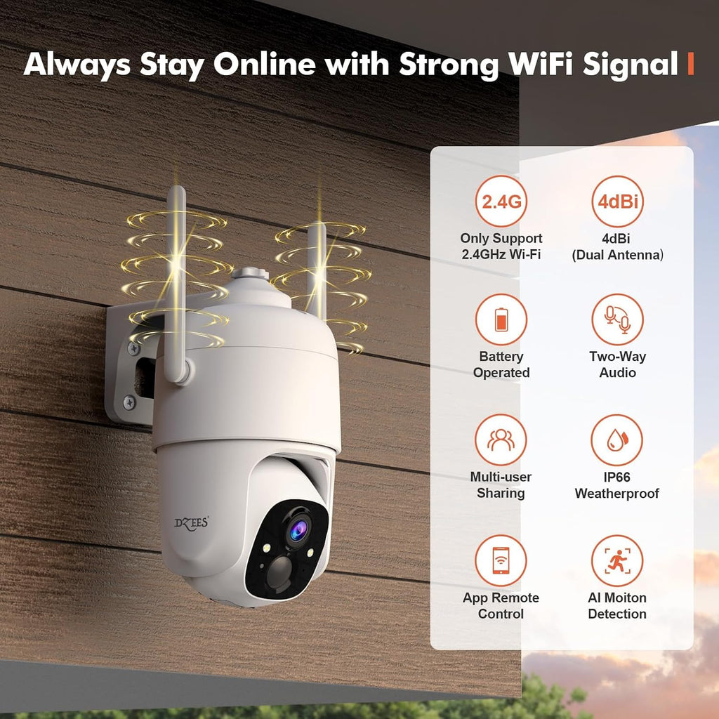 dzees 360° ptz security cameras wireless outdoor wifi shown in use