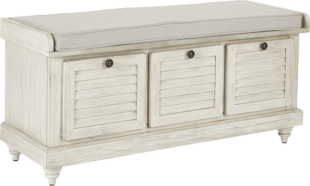 OSP Home Furnishings Dover Coastal Lift-Top Storage Bench with Shutter Face Styling, White Wash Finish with Off-White Fabric Cushion
