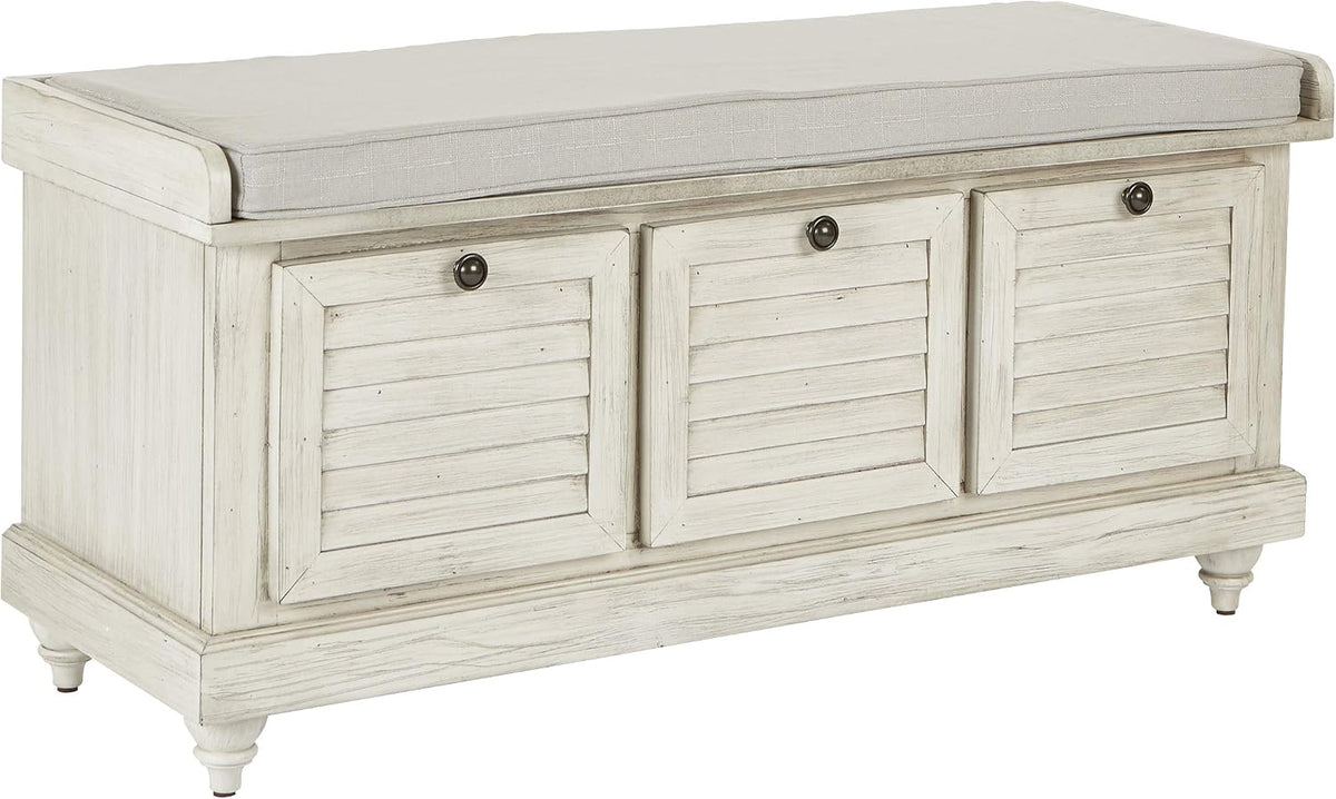 OSP Home Furnishings Dover Coastal Lift-Top Storage Bench with Shutter Face Styling, White Wash Finish with Off-White Fabric Cushion