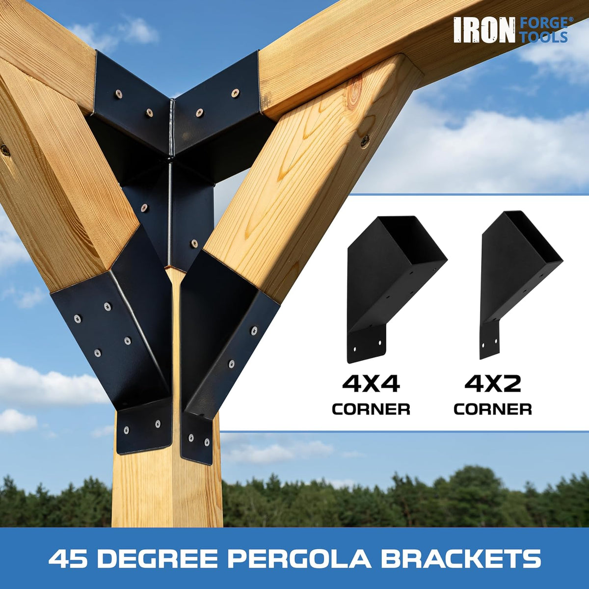 iron forge tools pergola brackets, 2x4 corner kit, front angle view