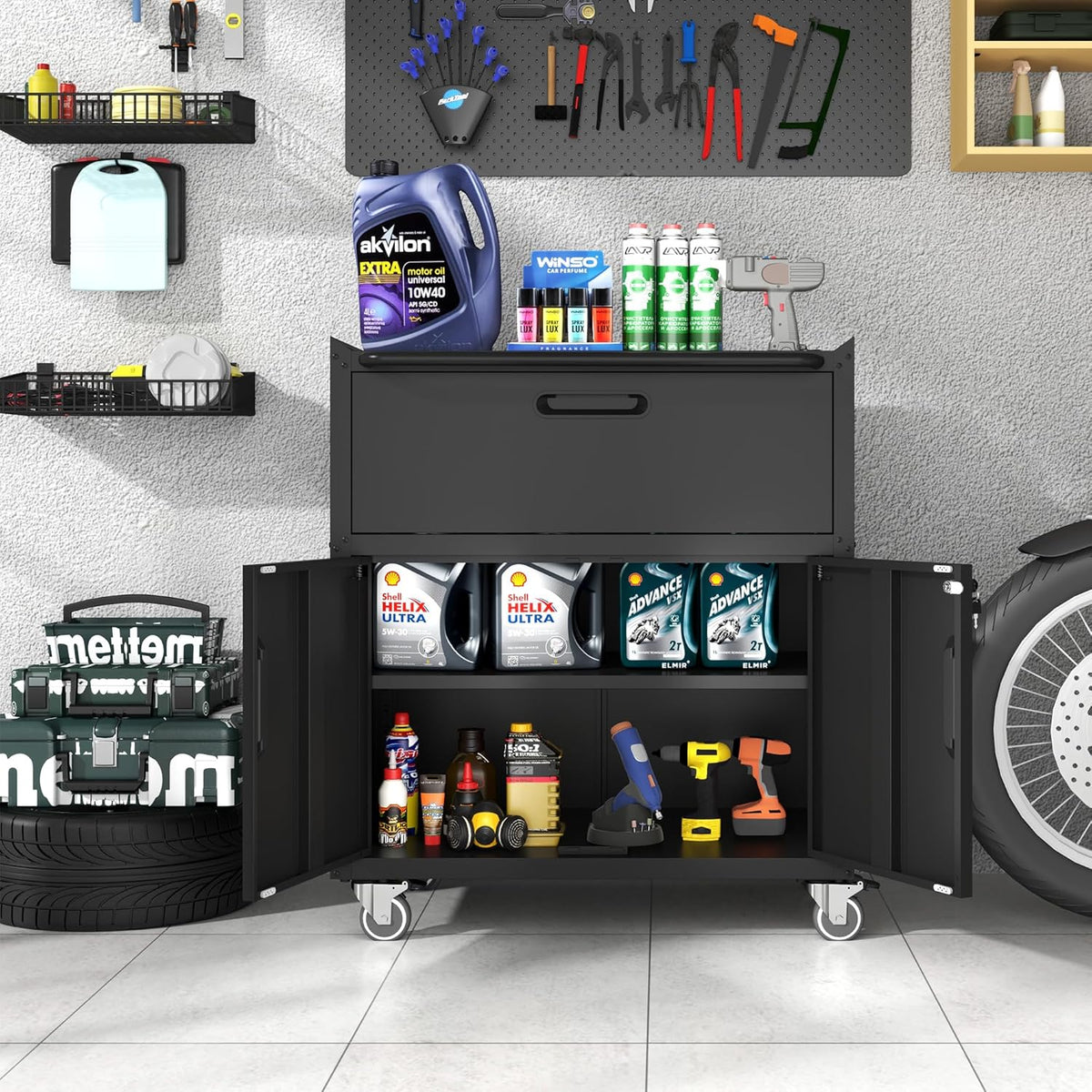 metal storage cabinet for garage, tool cabinet, utility shown in use