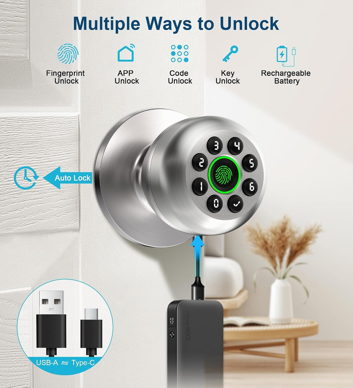 door knob with lock,keyless entry fingerprint door lock,polished, close-up detail