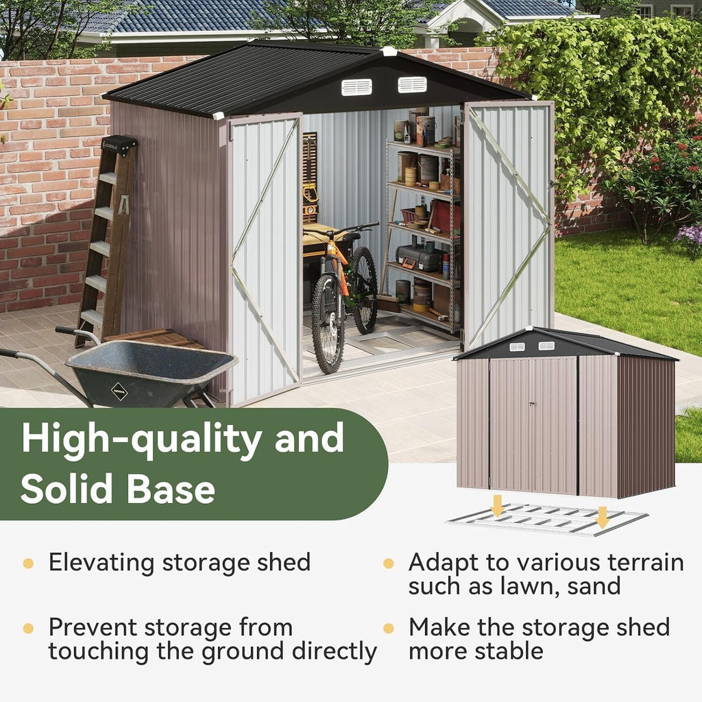 Aoxun 8x6 FT Metal Outdoor Steel Shed w/Base Brown
