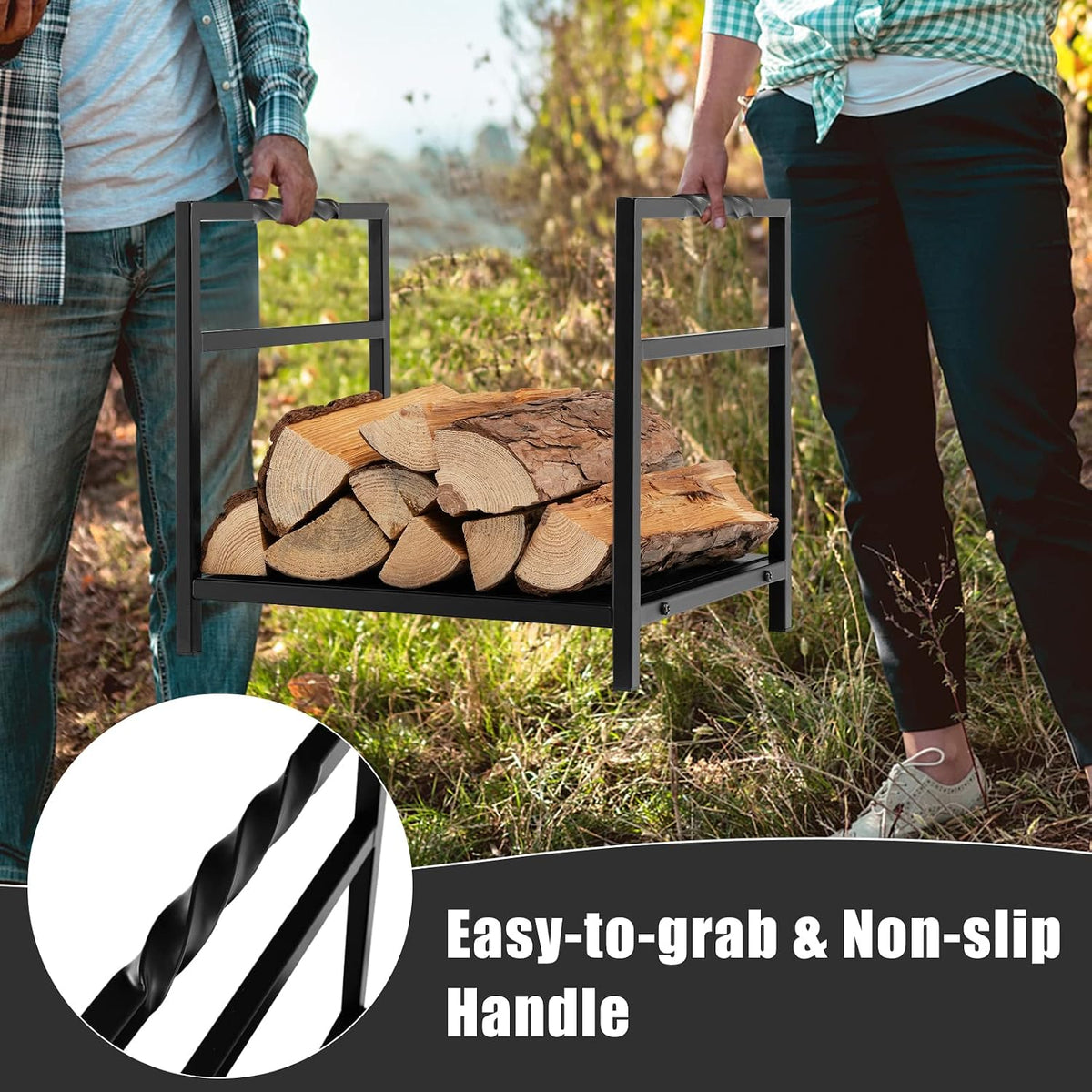 TANGZON Fireplace Log Rack, Heavy Duty Steel Firewood Rack, Indoor Outdoor Wood Stacking Storage Holder Stand (With Solid Base & Handles, 40 x 34 x 36cm)