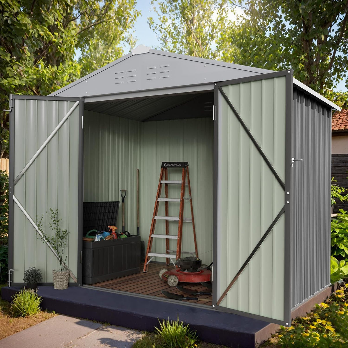 gunji 8 x 6 ft shed outdoor storage shown in use