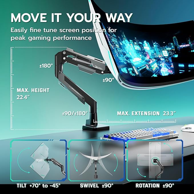 ARES WING Heavy Duty Single Monitor Arm