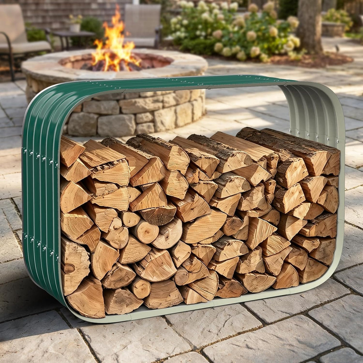 Cuboid Metal Sheet Firewood Rack Indoor and Outdoor Use, Green