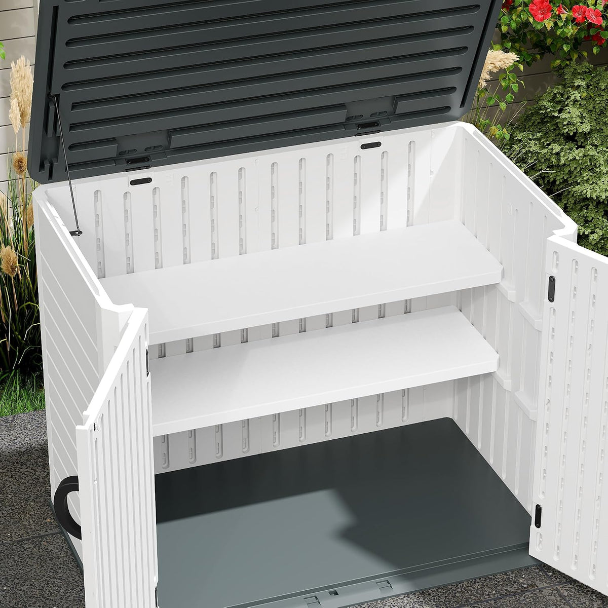 dwvo 2-pack resin storage shed shelves, fit for shown in use