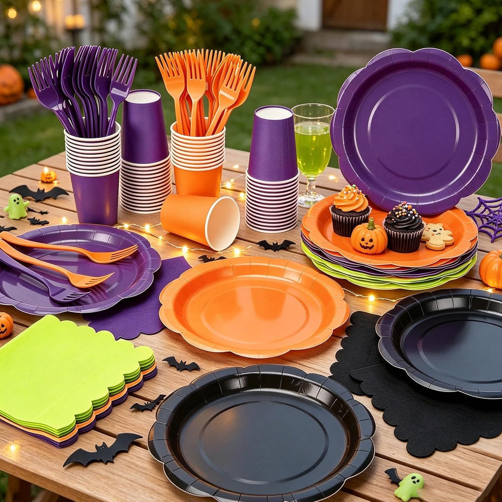 192Pcs Purple Orange Balck Plates and Napkins Party Supplies, Disposable 9’’ ...