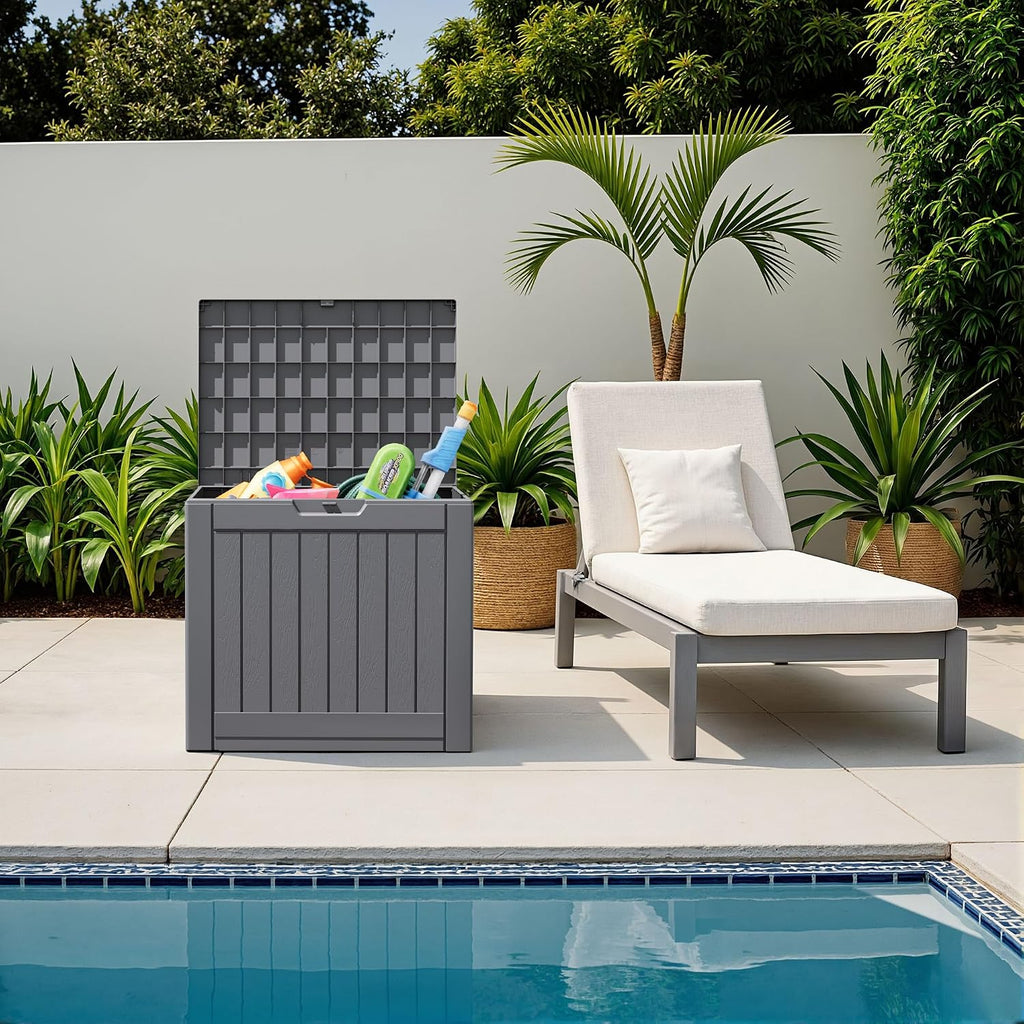 flamaker resin deck box 40 gallon waterproof outdoor shown in use
