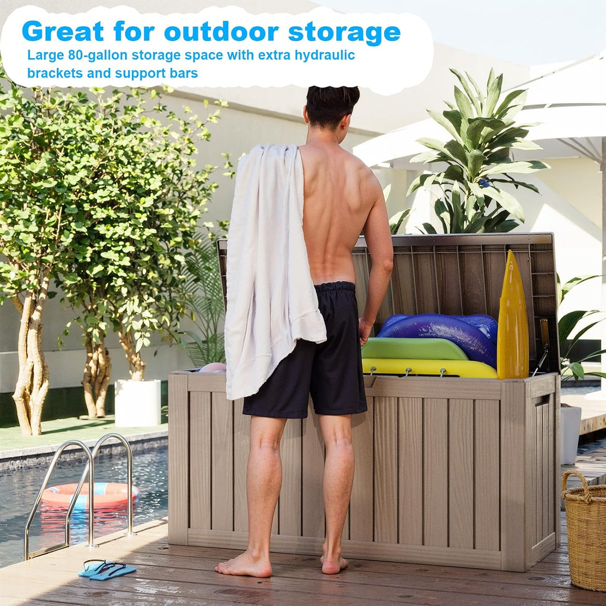 80 gallon outdoor deck box, lockable waterproof outdoor shown in use