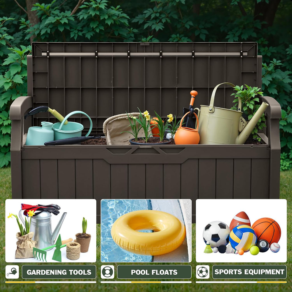 flamaker 80 gallon storage bench with cushion, waterproof showing dimensions