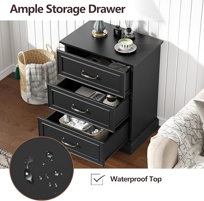 Nightstand with 3 Large Drawers, Rustic Farmhouse Wood Small Dresser, Bedside